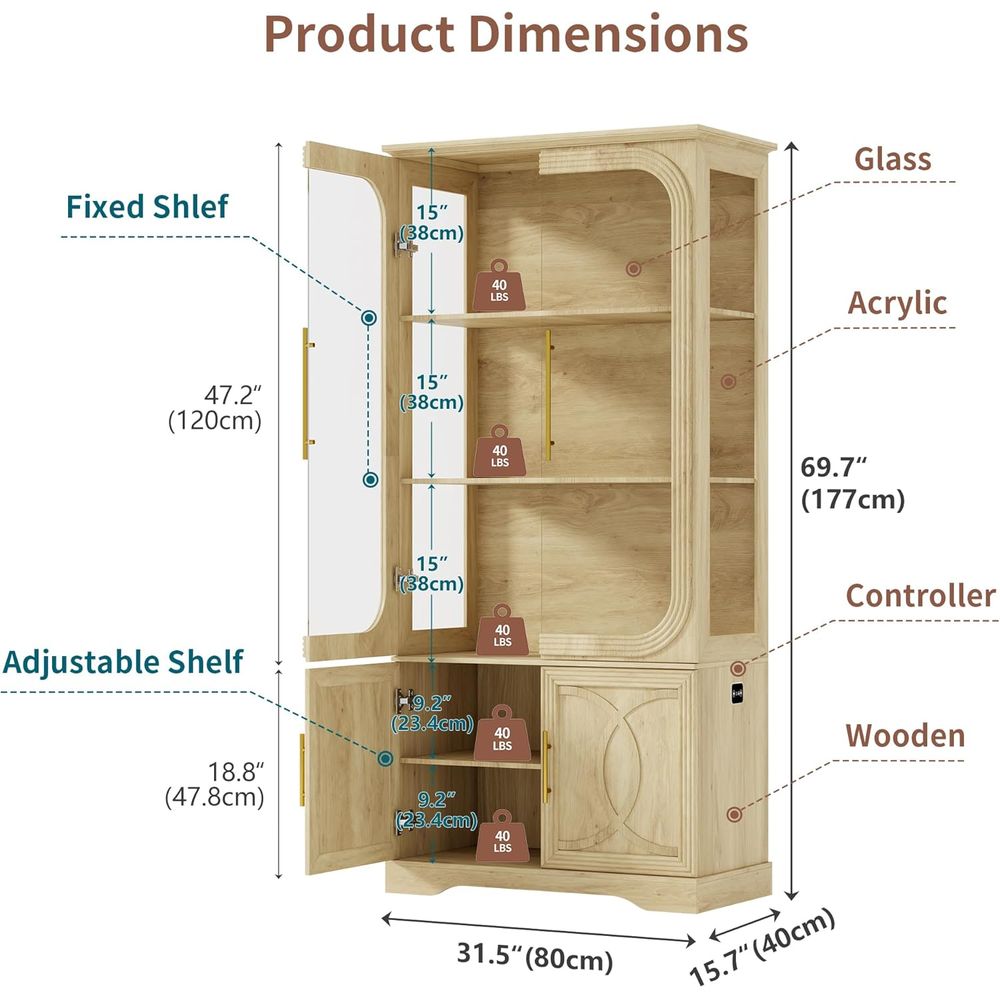 69 Oak 5-Tier LED-Lit Glass Di - Glass Cabinet Display 评论和价格