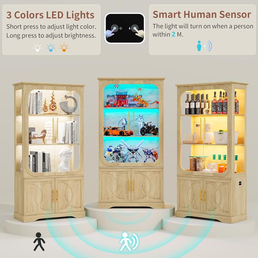 69 Oak 5-Tier LED-Lit Glass Di - Glass Cabinet Display 评论和价格